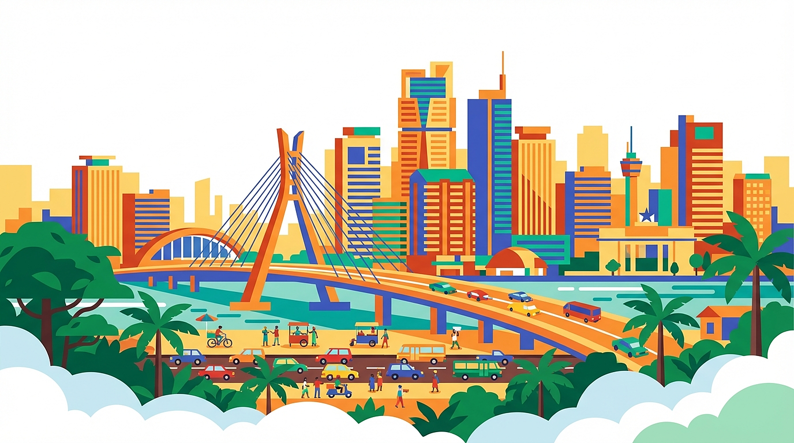 Vibrant illustration of Lagos cityscape with the iconic bridge, skyscrapers, palm trees, and colorful vehicles